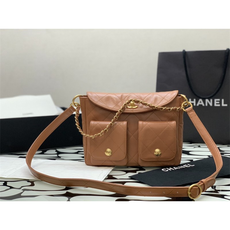 Chanel 24SS Brown Shiny Calfskin Small Hobo Handbag AS4743