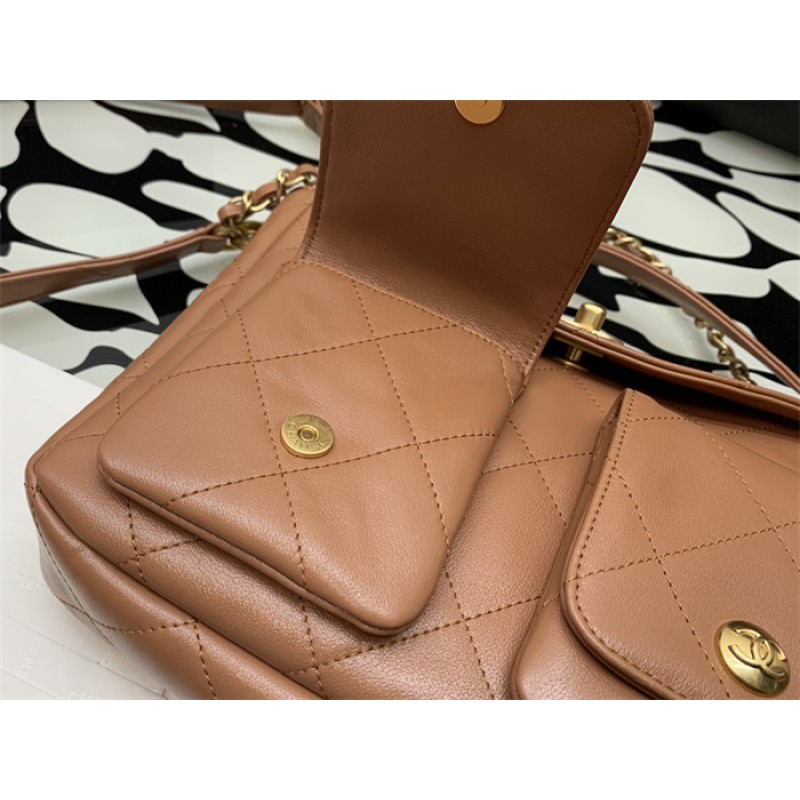 Chanel 24SS Brown Shiny Calfskin Small Hobo Handbag AS4743