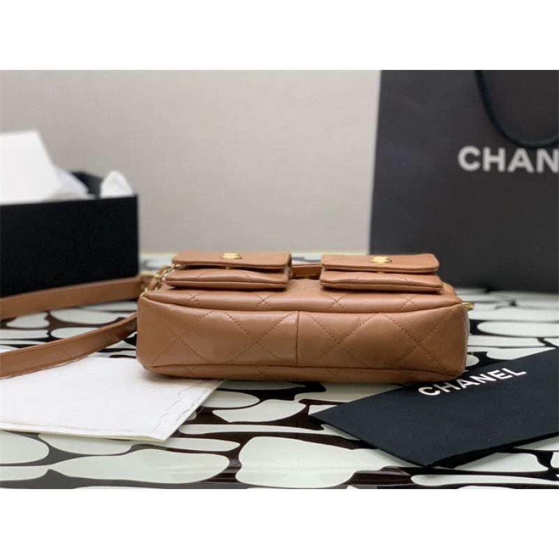 Chanel 24SS Brown Shiny Calfskin Small Hobo Handbag AS4743