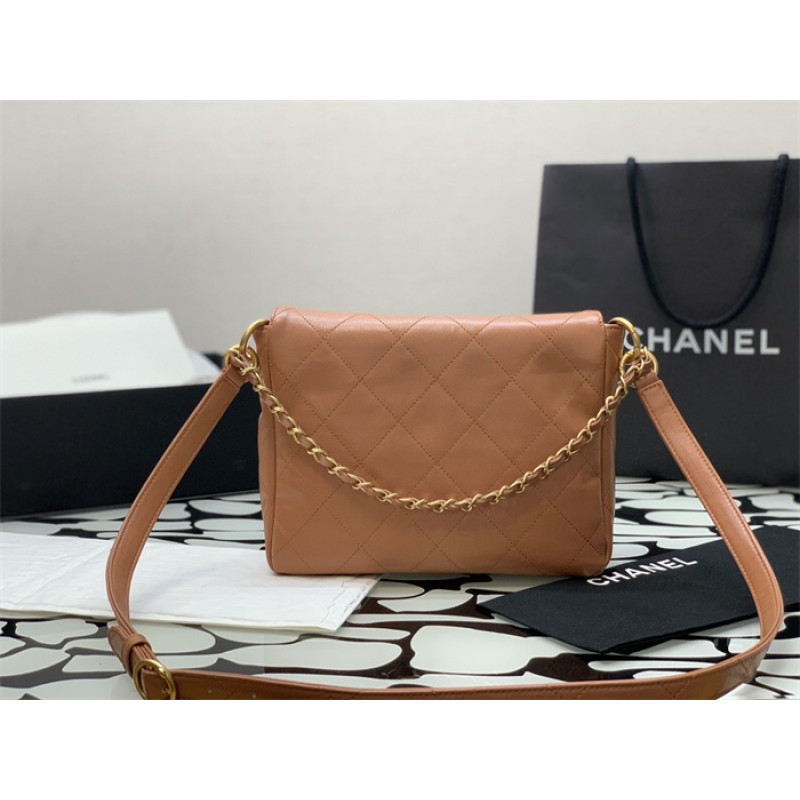 Chanel 24SS Brown Shiny Calfskin Small Hobo Handbag AS4743