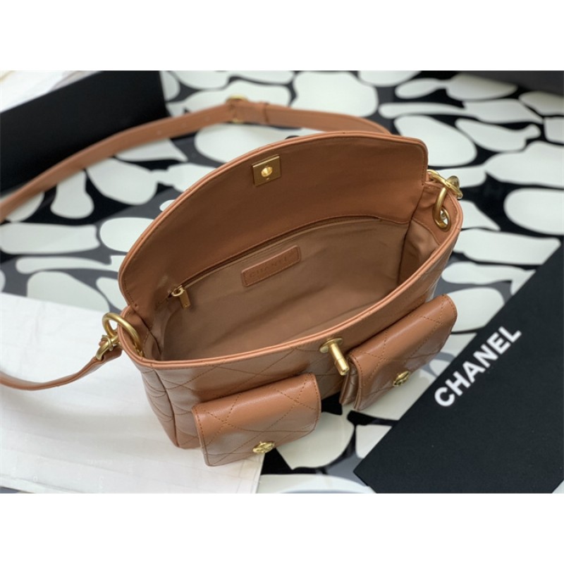 Chanel 24SS Brown Shiny Calfskin Small Hobo Handbag AS4743