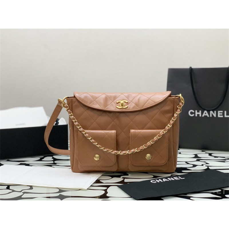 Chanel 24SS Brown Shiny Calfskin Medium Hobo Handbag AS4668