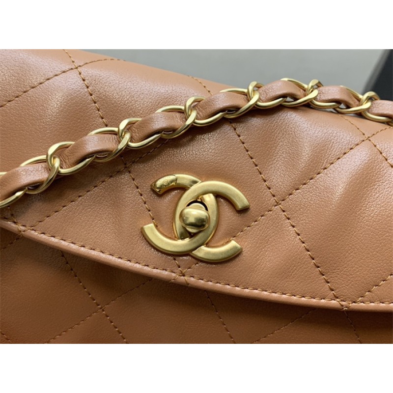 Chanel 24SS Brown Shiny Calfskin Medium Hobo Handbag AS4668