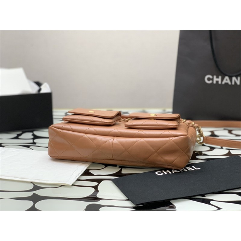 Chanel 24SS Brown Shiny Calfskin Medium Hobo Handbag AS4668