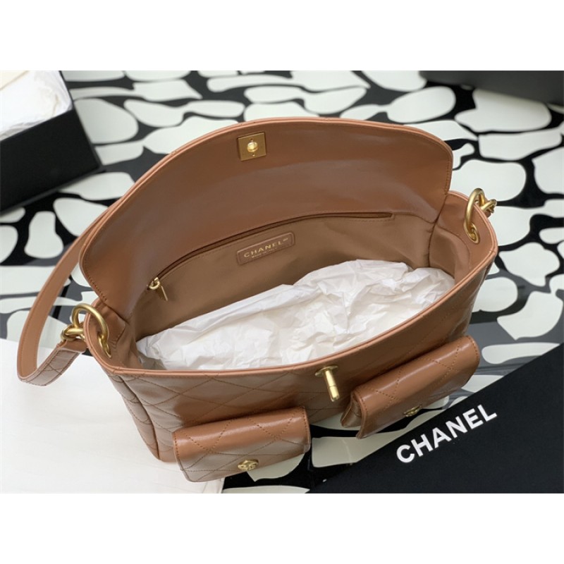 Chanel 24SS Brown Shiny Calfskin Medium Hobo Handbag AS4668