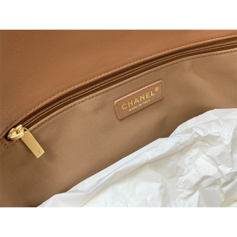 Chanel 24SS Brown Shiny Calfskin Medium Hobo Handbag AS4668