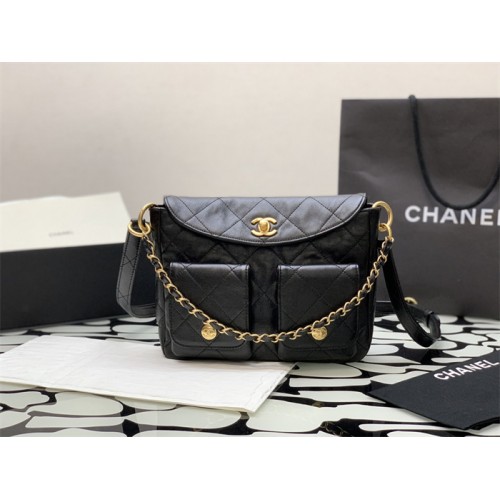 Chanel 24SS Black Shiny Calfskin Small Hobo Handbag AS4743