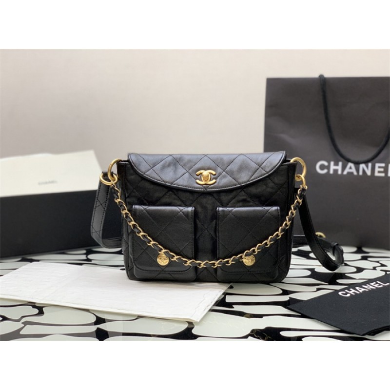 Chanel 24SS Black Shiny Calfskin Small Hobo Handbag AS4743