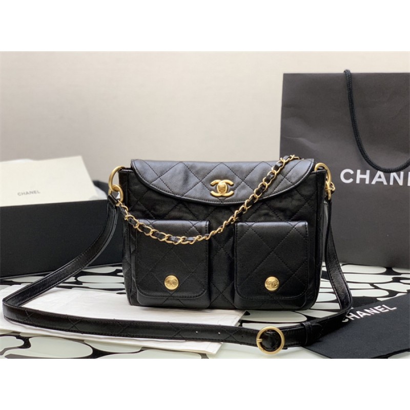 Chanel 24SS Black Shiny Calfskin Small Hobo Handbag AS4743
