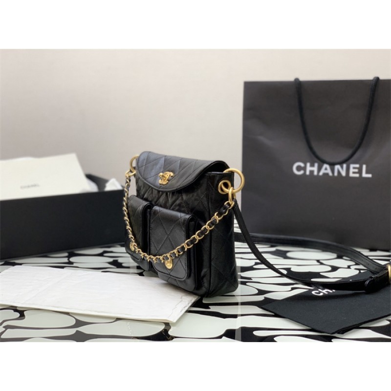 Chanel 24SS Black Shiny Calfskin Small Hobo Handbag AS4743