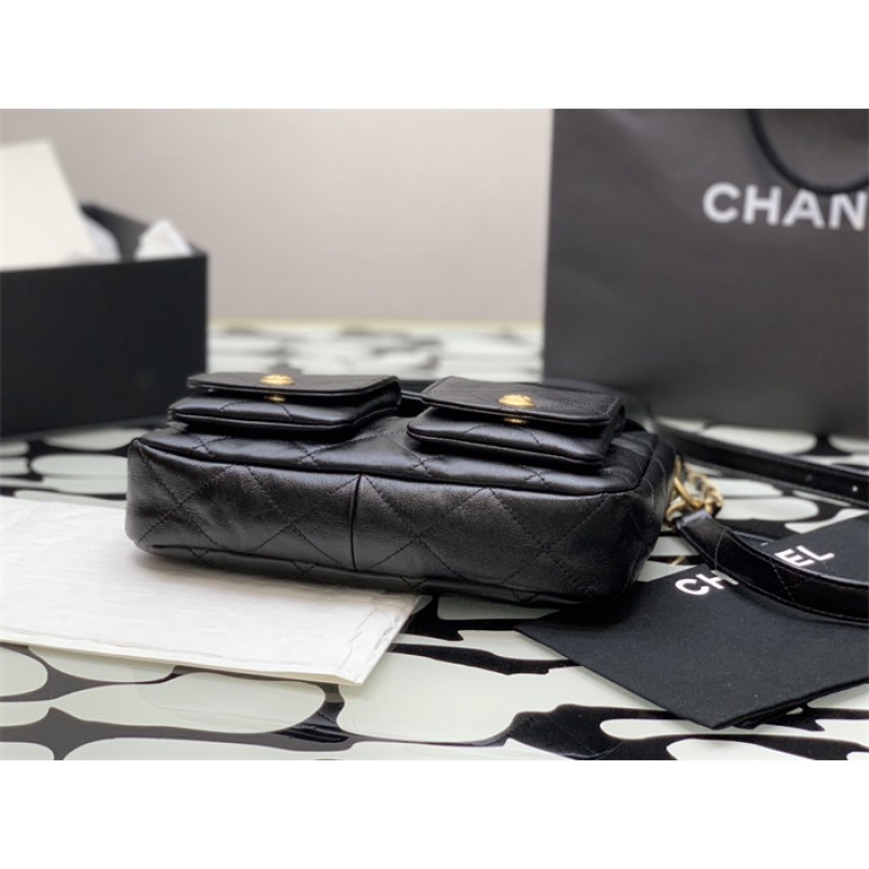 Chanel 24SS Black Shiny Calfskin Small Hobo Handbag AS4743