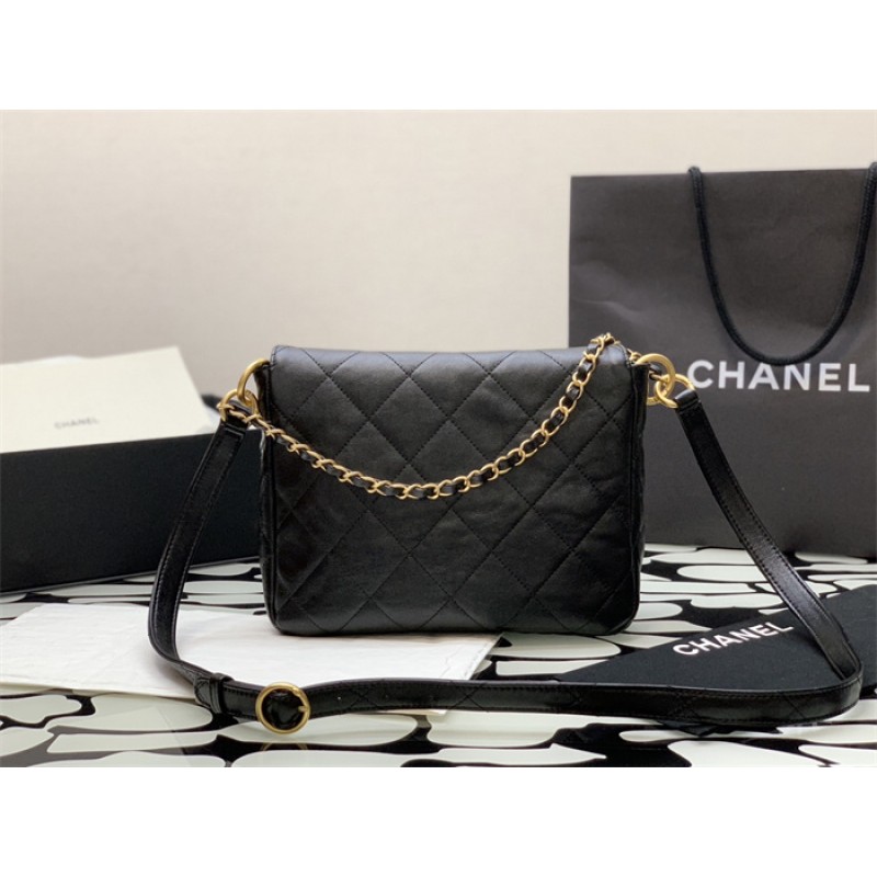 Chanel 24SS Black Shiny Calfskin Small Hobo Handbag AS4743