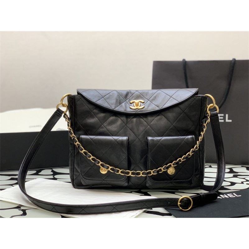 Chanel 24SS Black Shiny Calfskin Medium Hobo Handbag AS4668