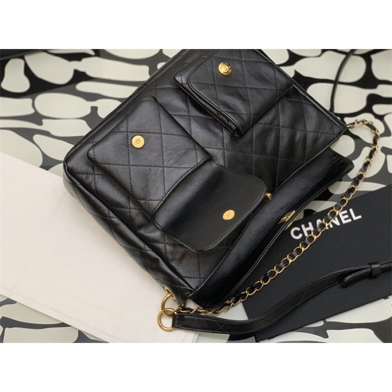 Chanel 24SS Black Shiny Calfskin Medium Hobo Handbag AS4668