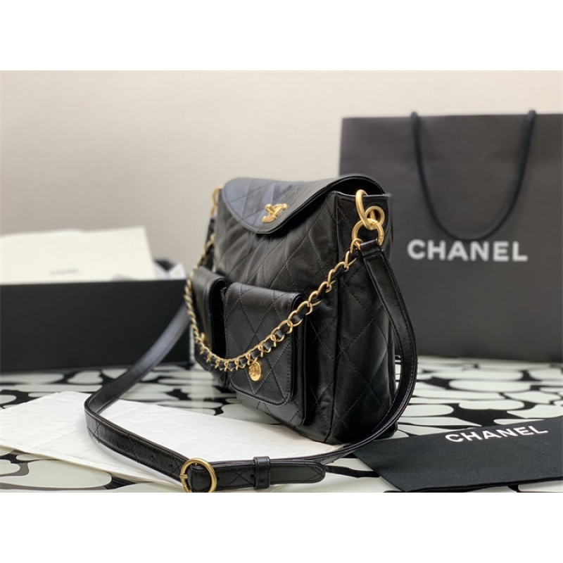 Chanel 24SS Black Shiny Calfskin Medium Hobo Handbag AS4668