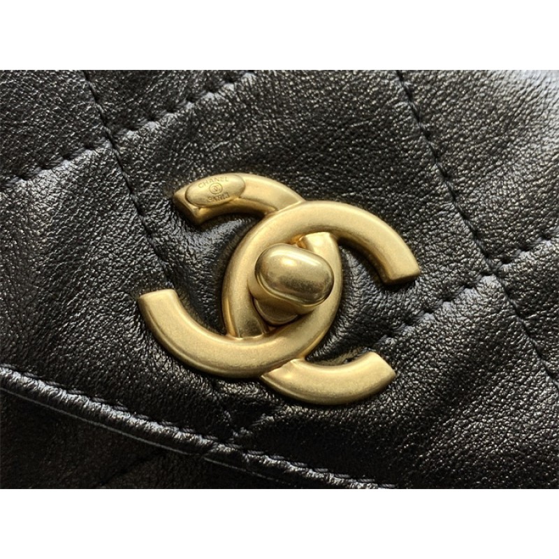 Chanel 24SS Black Shiny Calfskin Medium Hobo Handbag AS4668