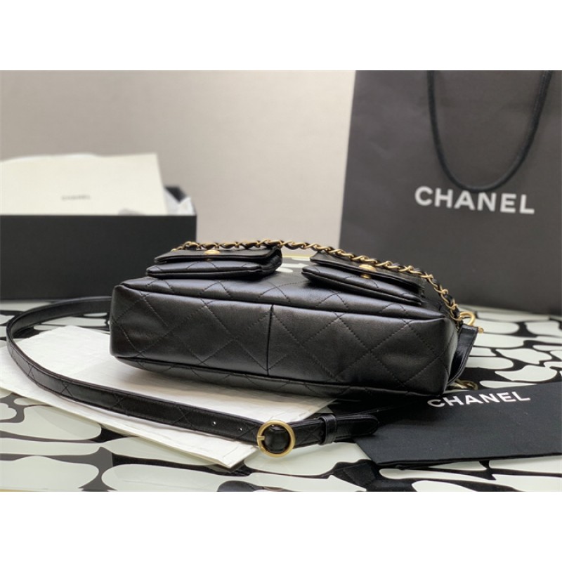 Chanel 24SS Black Shiny Calfskin Medium Hobo Handbag AS4668
