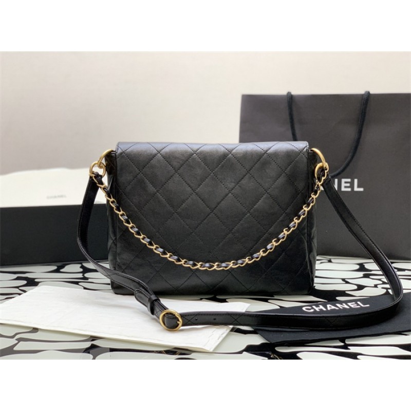 Chanel 24SS Black Shiny Calfskin Medium Hobo Handbag AS4668