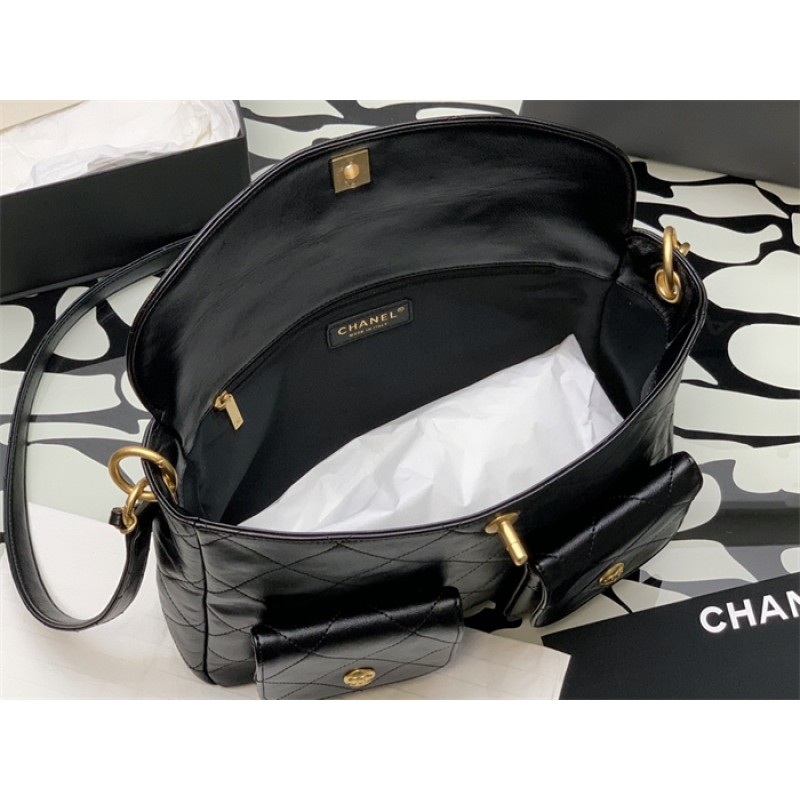 Chanel 24SS Black Shiny Calfskin Medium Hobo Handbag AS4668