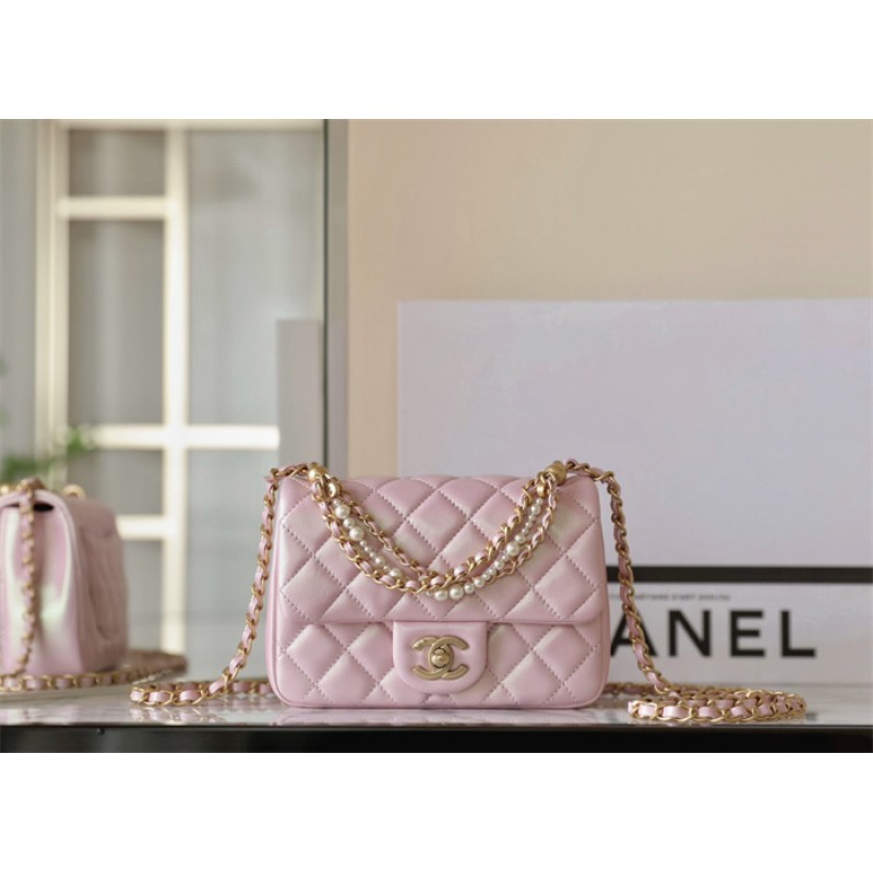 Chanel 24P Mini Pearls Handle Flap Bag AS4384 Pink