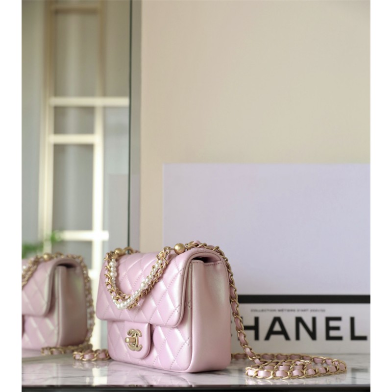 Chanel 24P Mini Pearls Handle Flap Bag AS4384 Pink