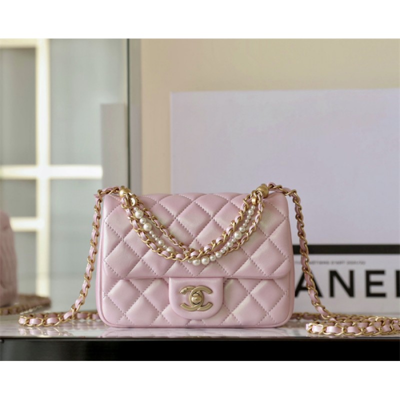 Chanel 24P Mini Pearls Handle Flap Bag AS4384 Pink
