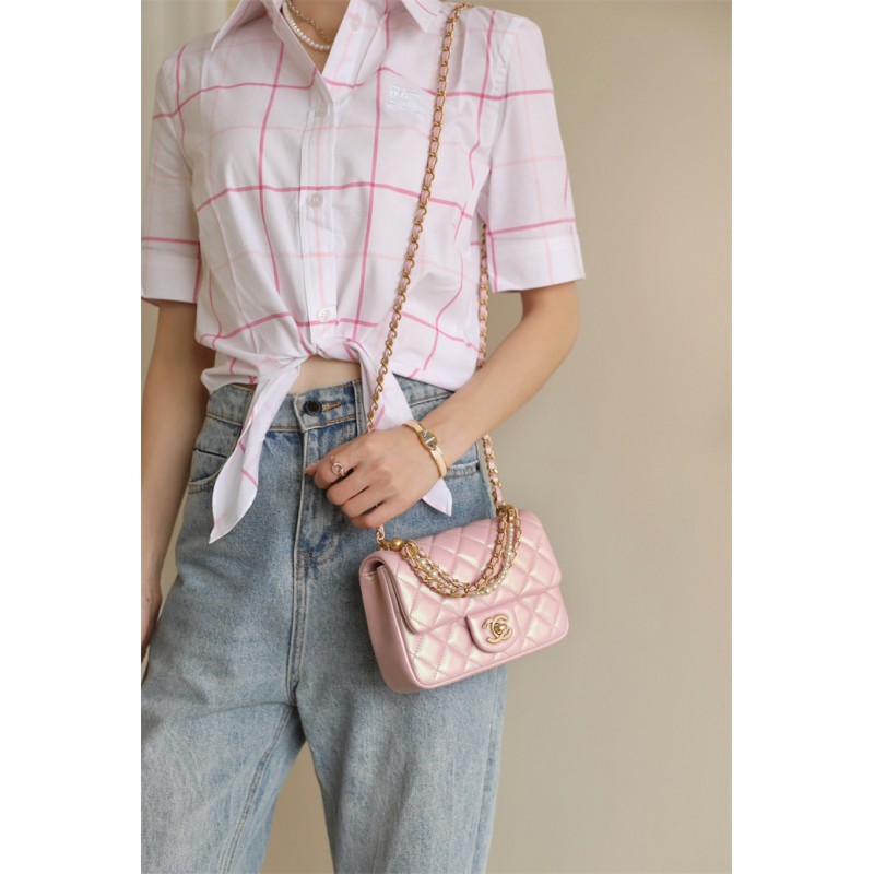 Chanel 24P Mini Pearls Handle Flap Bag AS4384 Pink