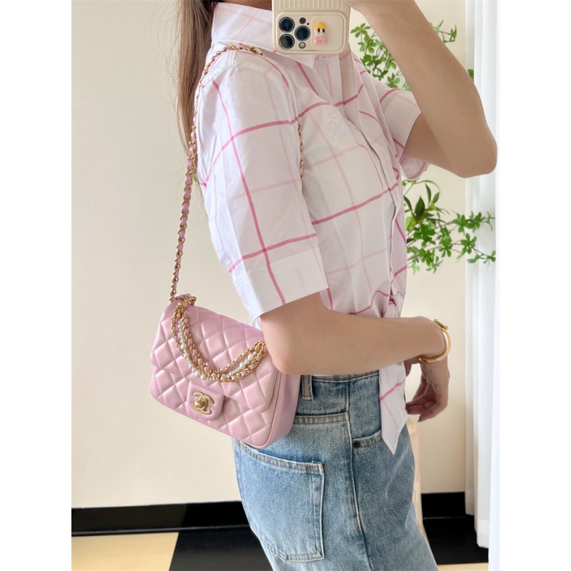 Chanel 24P Mini Pearls Handle Flap Bag AS4384 Pink