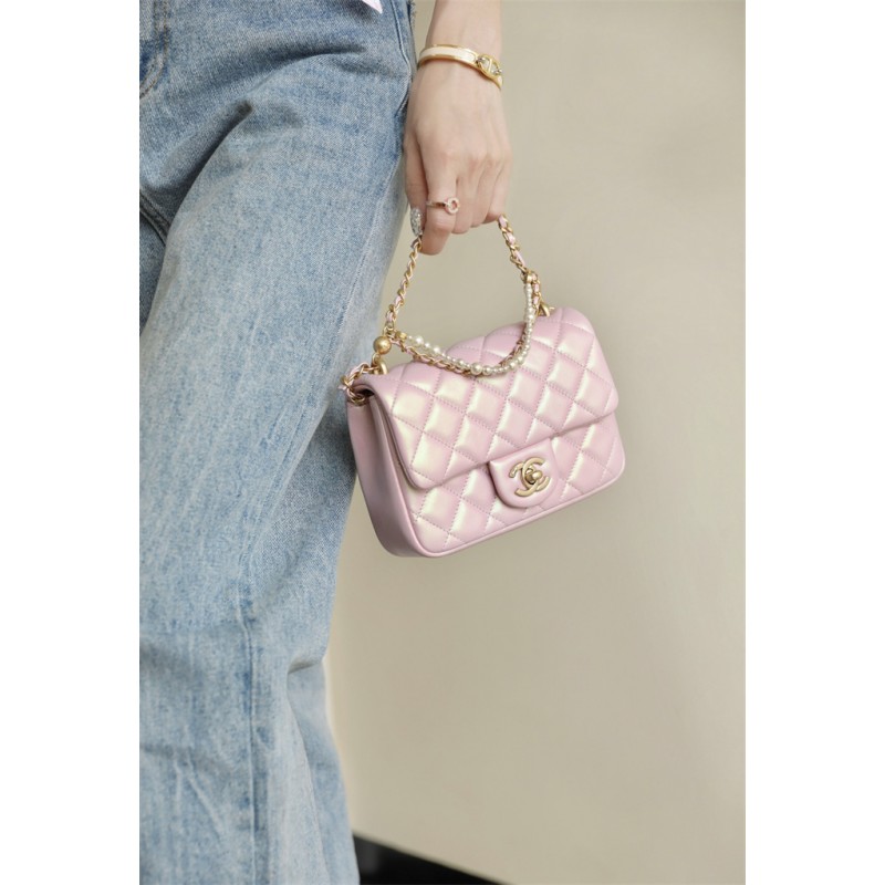 Chanel 24P Mini Pearls Handle Flap Bag AS4384 Pink