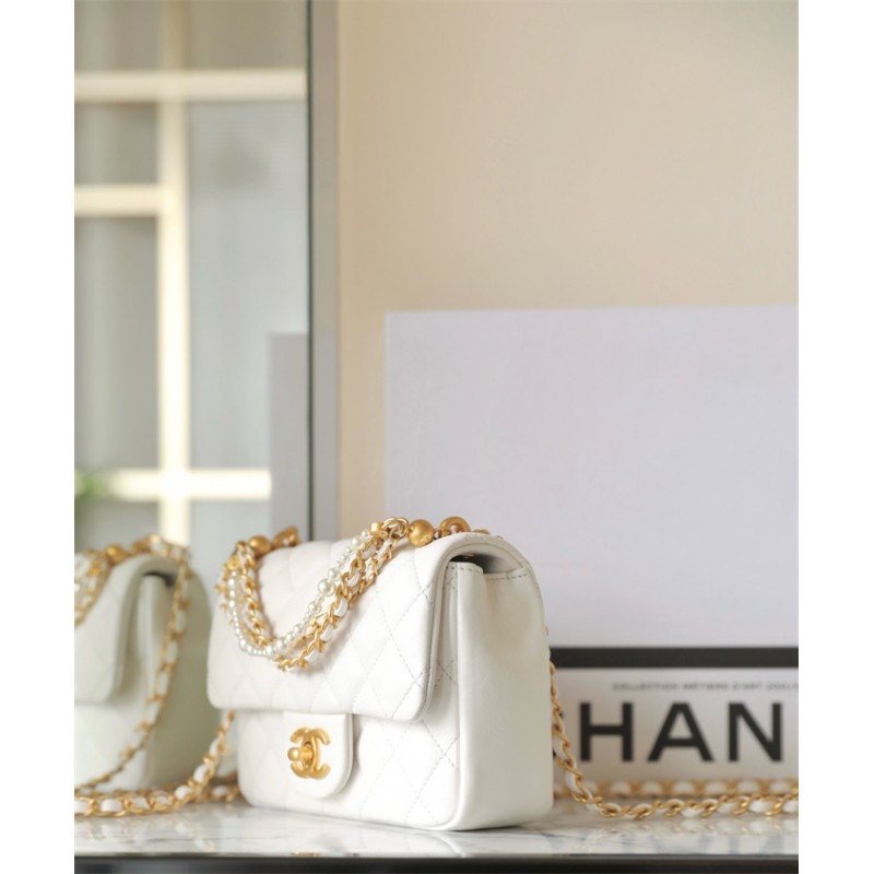 Chanel 24P Mini Pearls Handle Flap Bag AS4384 White
