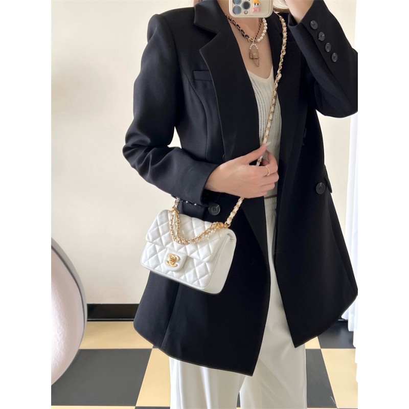 Chanel 24P Mini Pearls Handle Flap Bag AS4384 White