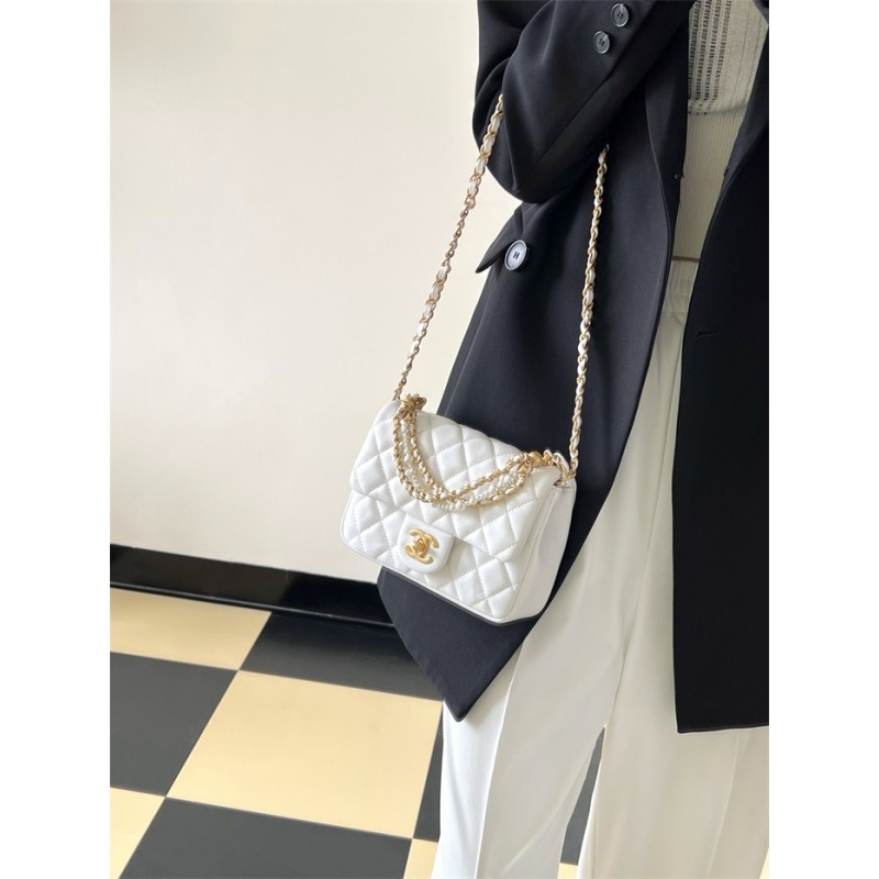 Chanel 24P Mini Pearls Handle Flap Bag AS4384 White