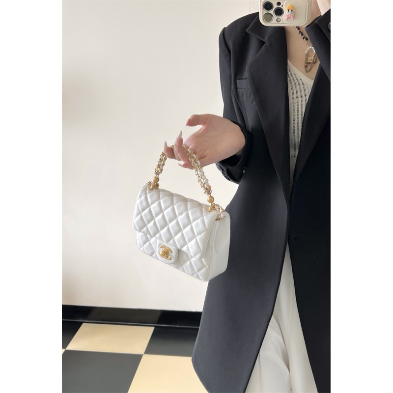 Chanel 24P Mini Pearls Handle Flap Bag AS4384 White