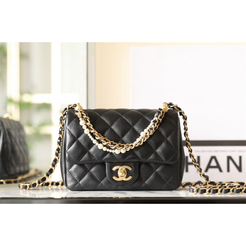 Chanel 24P Mini Pearls Handle Flap Bag AS4384 Black