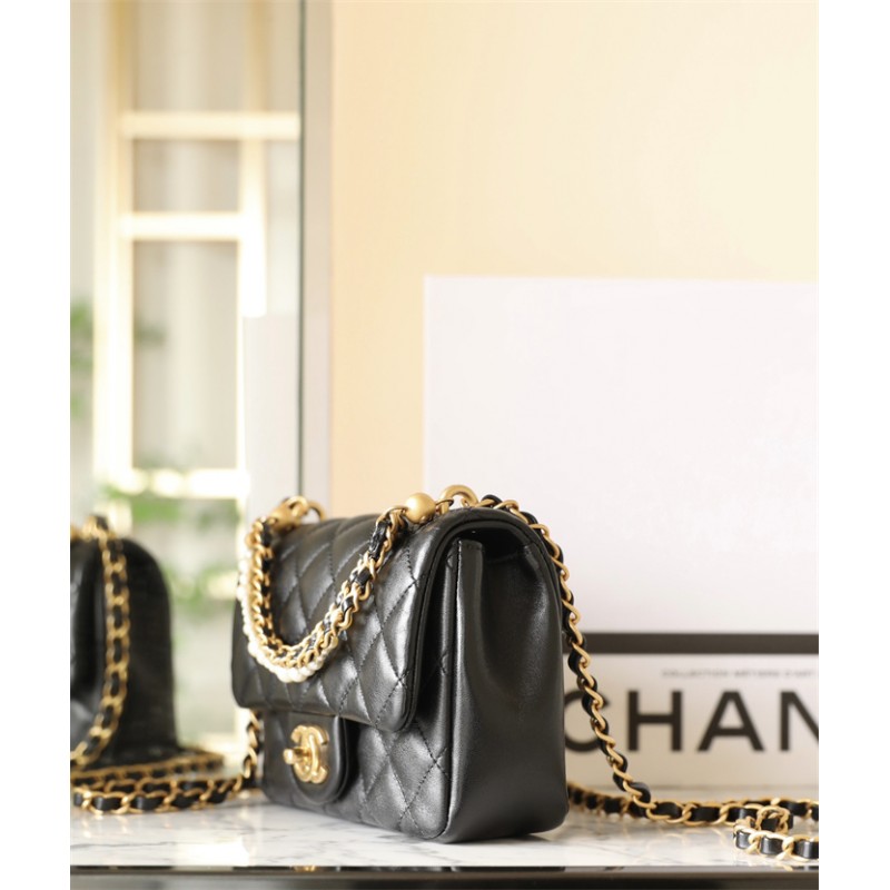 Chanel 24P Mini Pearls Handle Flap Bag AS4384 Black