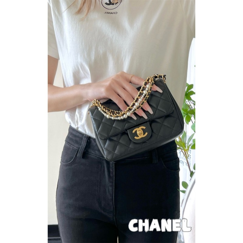 Chanel 24P Mini Pearls Handle Flap Bag AS4384 Black