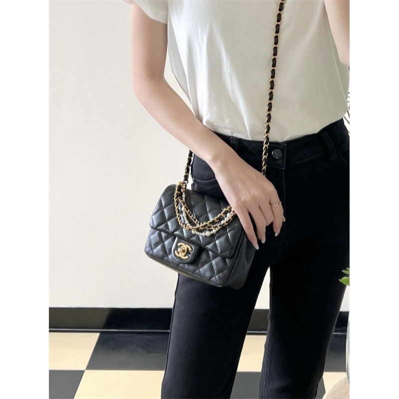 Chanel 24P Mini Pearls Handle Flap Bag AS4384 Black
