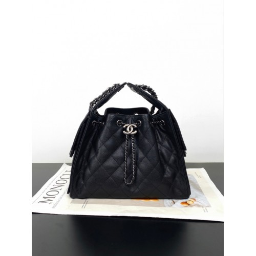 Chanel 25 small handbag Grained Calfskin Silver Metal AS5293 Black