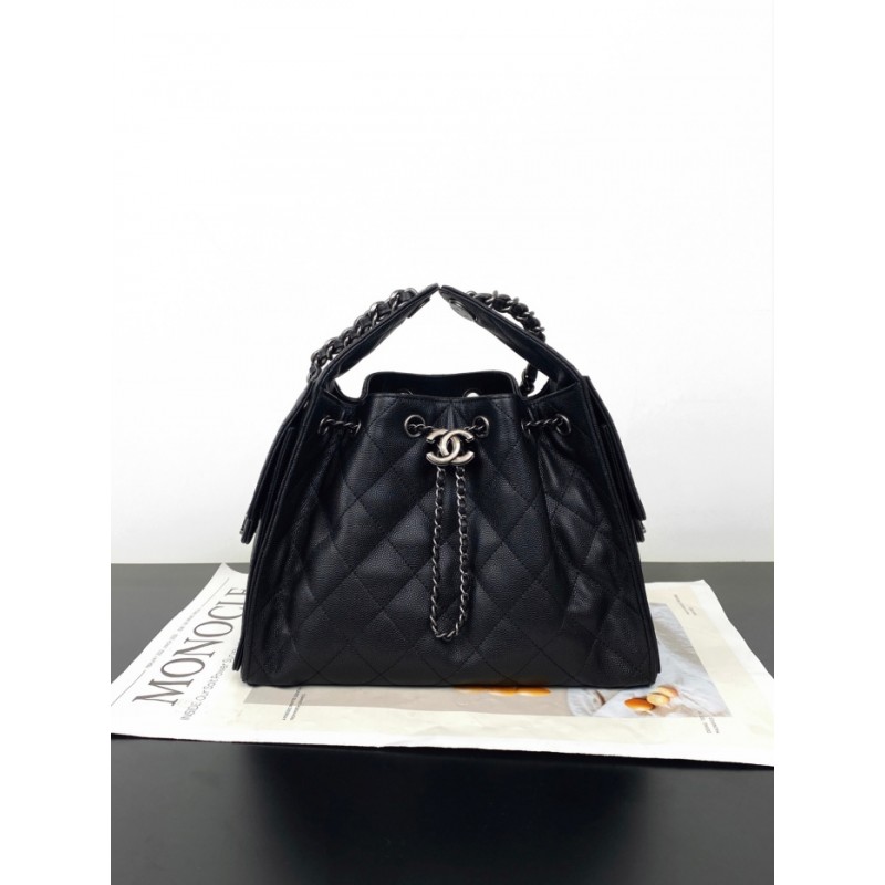 Chanel 25 small handbag Grained Calfskin Silver Metal AS5293 Black