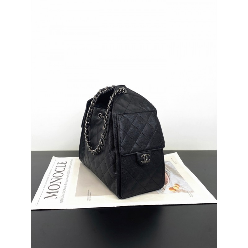 Chanel 25 small handbag Grained Calfskin Silver Metal AS5293 Black