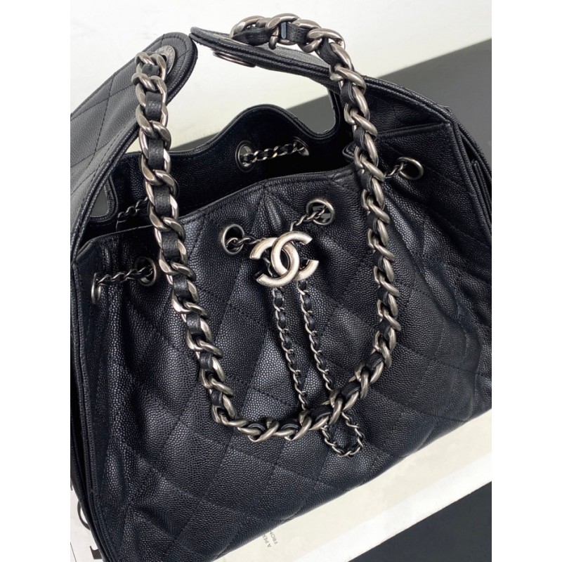 Chanel 25 small handbag Grained Calfskin Silver Metal AS5293 Black