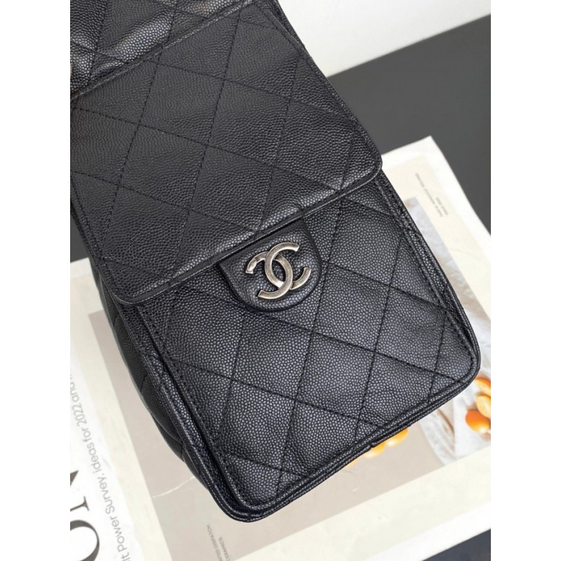 Chanel 25 small handbag Grained Calfskin Silver Metal AS5293 Black