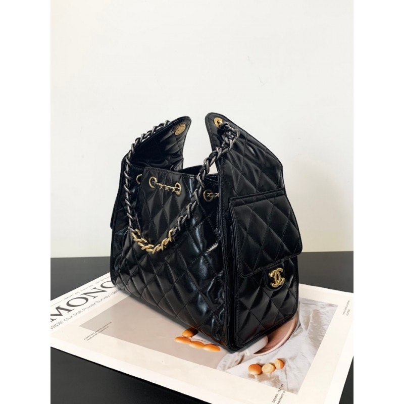 Chanel 25 small handbag Shiny Calfskin Gold-Tone & Ruthenium-Finish Metal AS5293 Black