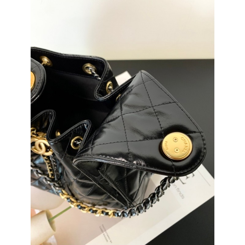 Chanel 25 small handbag Shiny Calfskin Gold-Tone & Ruthenium-Finish Metal AS5293 Black