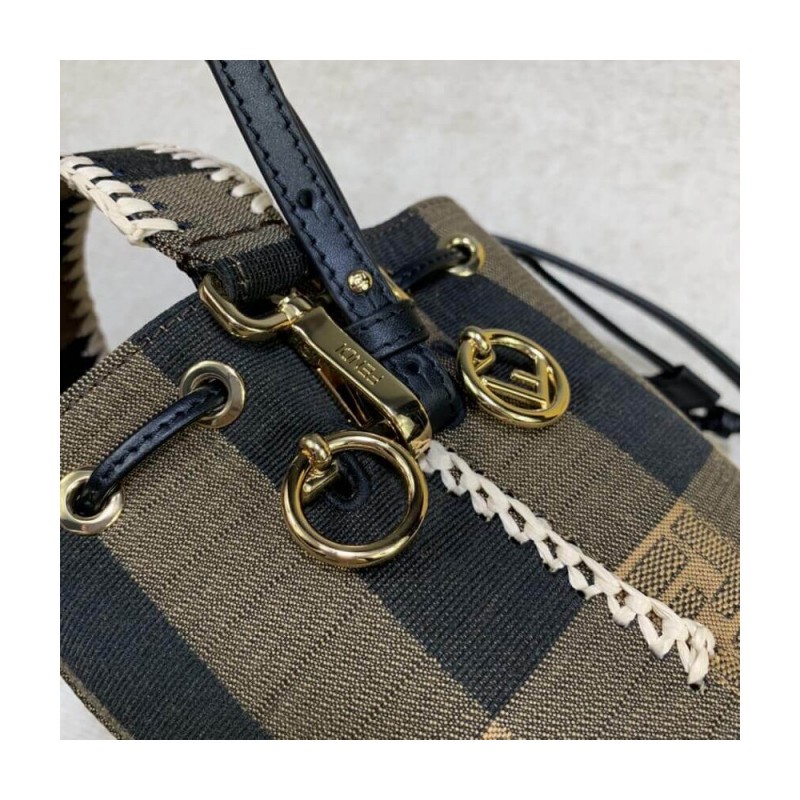 Fendi Brown Mon Tresor Mini Canvas &amp; Raffia Bucket Bag 2028