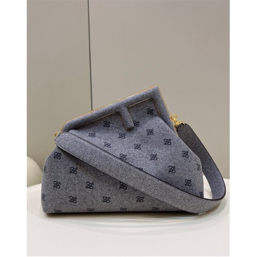 Fendi First Medium Grey flannel bag with embroidery 8BP127AHNGF0GEM
