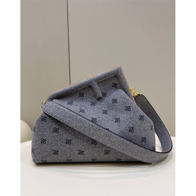 Fendi First Medium Grey flannel bag with embroidery 8BP127AHNGF0GEM