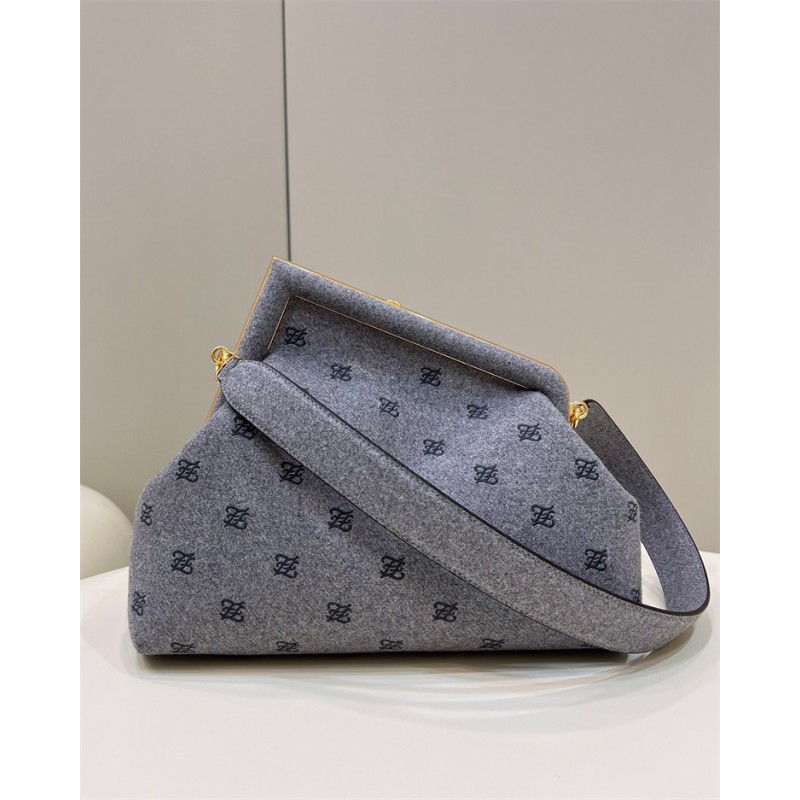 Fendi First Medium Grey flannel bag with embroidery 8BP127AHNGF0GEM