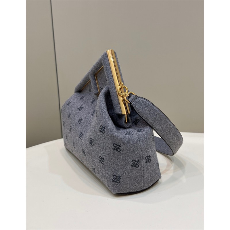 Fendi First Medium Grey flannel bag with embroidery 8BP127AHNGF0GEM