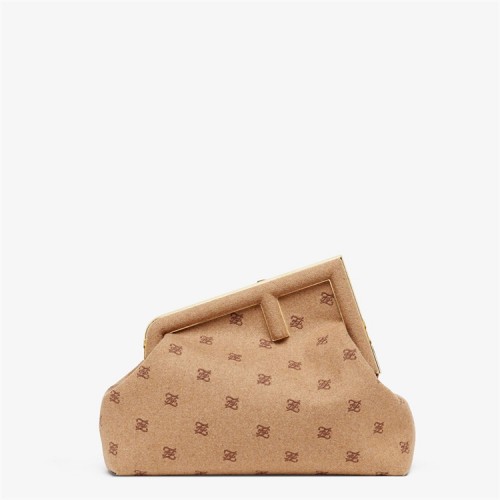 Fendi First Medium Beige flannel bag with embroidery 8BP127AHNGF0J2D